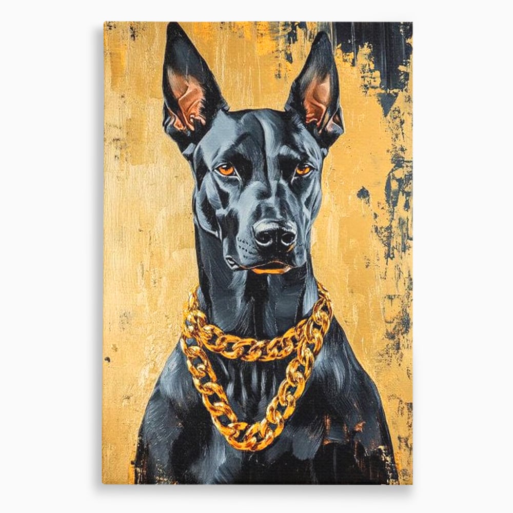 Tablou canvas cu tablou canvas cu doberman negru, fara rama, pe sasiu de lemn